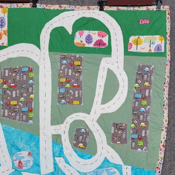 Racetrack Print Quilted Crib Blanket Baby Boys Green Blue Cars Scooters 40x55 - Picture 3 of 13